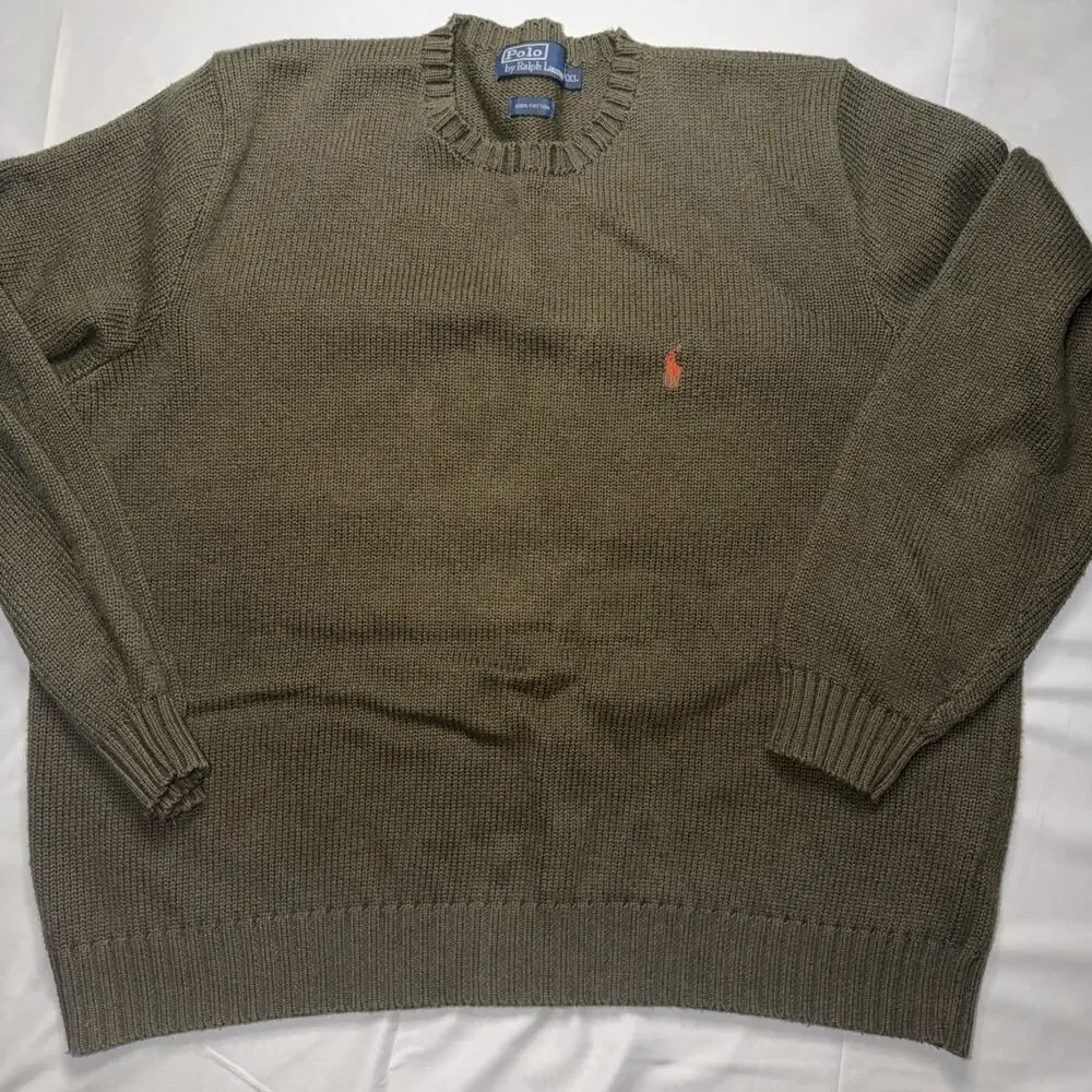 VTG Polo Ralph Lauren Knit Ribbed Pullover Sweater Mens XXL Cotton Olive Green